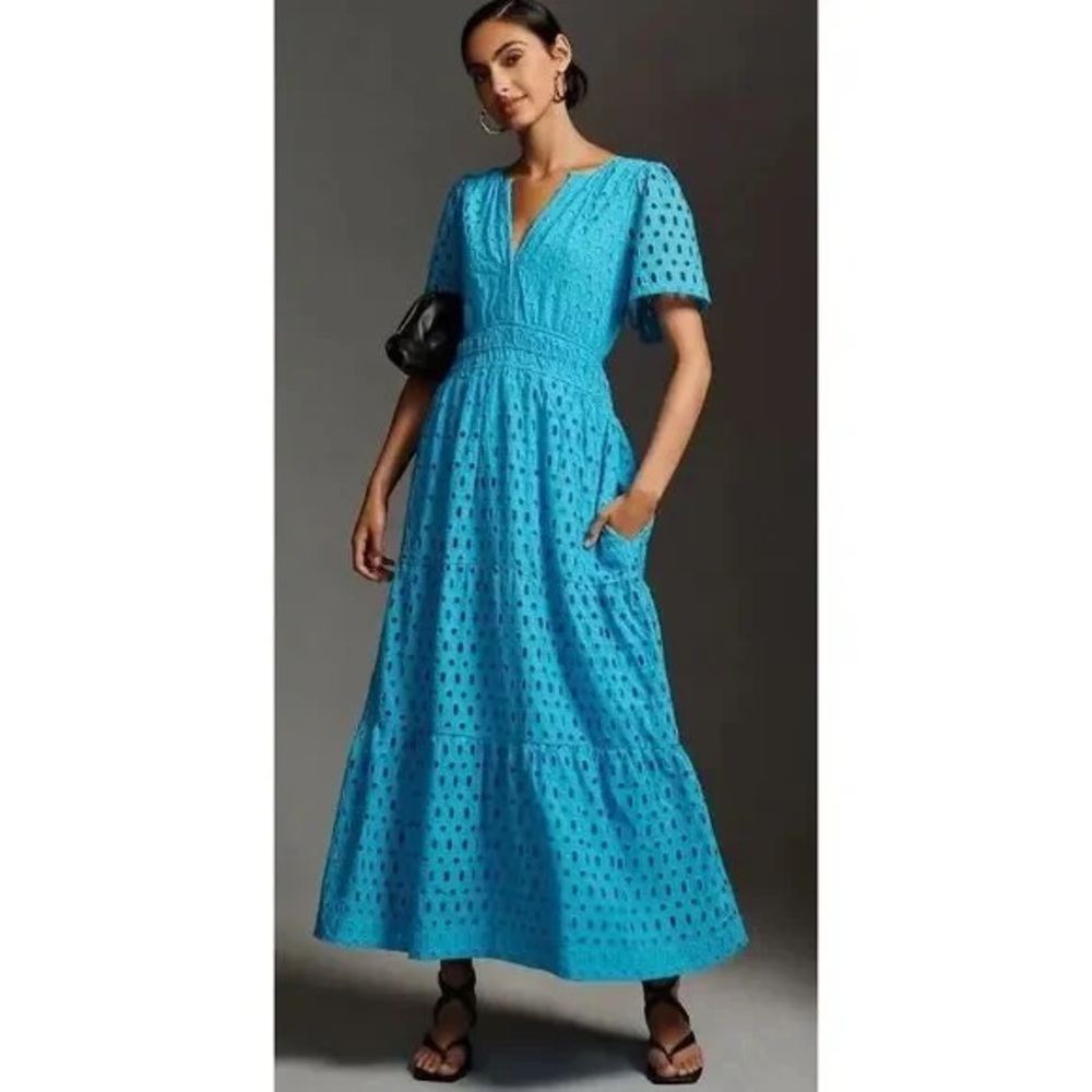 Anthropologie Blue Tiered Maxi Dress with Flutter Sleeves